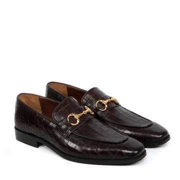 Horse-bit Buckled Slip-On Shoes in Dark Brown Deep Cut Leather Loafer