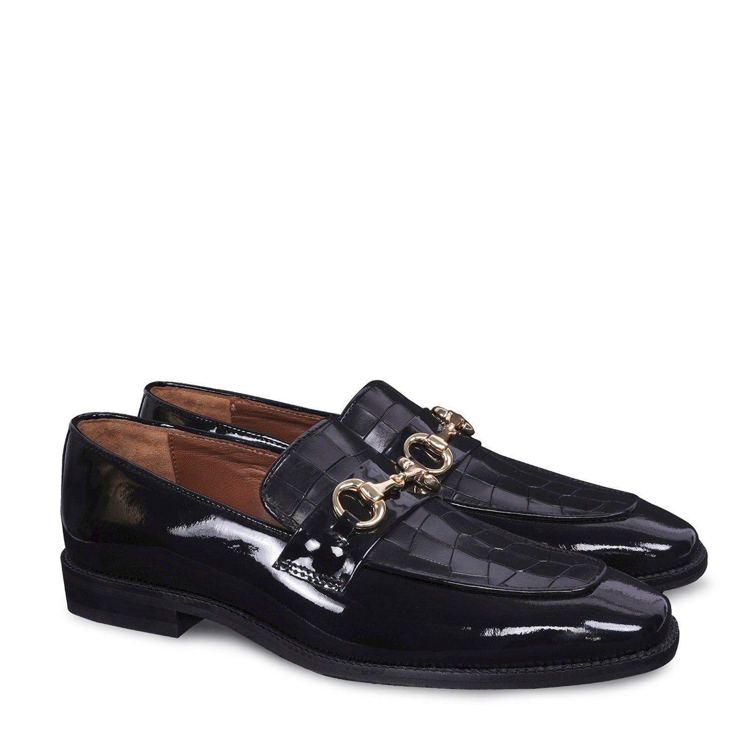 Horse-Bit Buckle Detailing Loafer with Black Patent & Deep Cut Leather