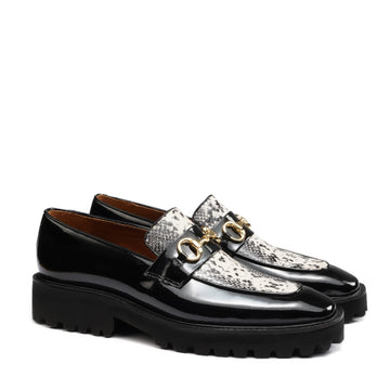 Snake Print Black Patent Leather Chunky Sole Horse-bit Slip-On Shoes