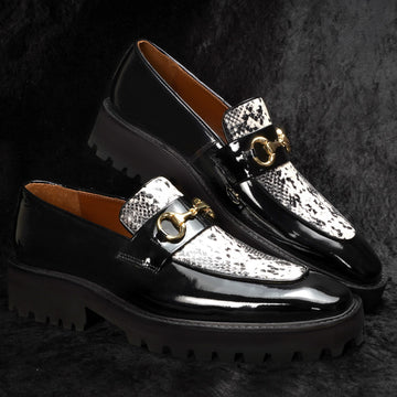 Snake Print Black Patent Leather Chunky Sole Horse-bit Slip-On Shoes