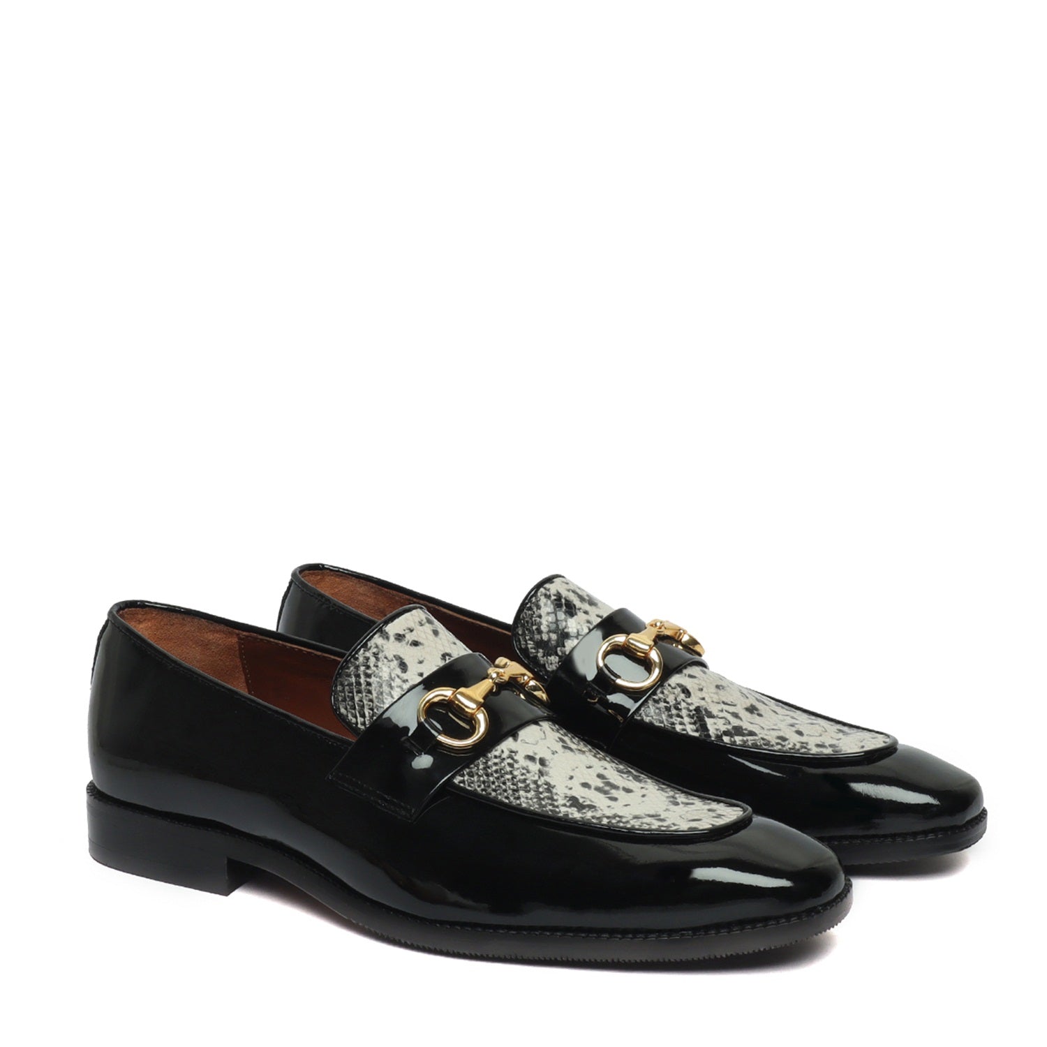 Horse-bit Buckled Slip-On Shoes With Snake Print Leather at Vamp in Black Patent Leather