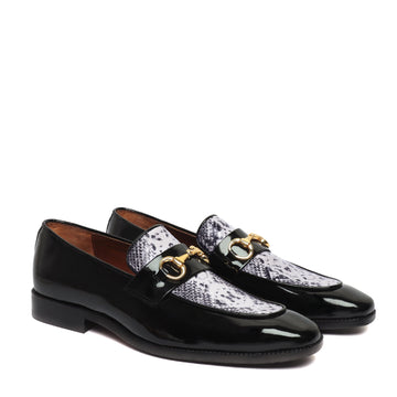 Horse-bit Buckled Slip-On Shoes With Snake Print Leather at Vamp in Black Patent Leather