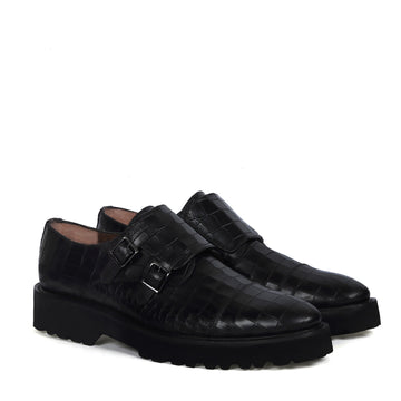Adjustable Double Monk Black Leather Light Weight Lug Sole Shoes For Men By Brune & Bareskin
