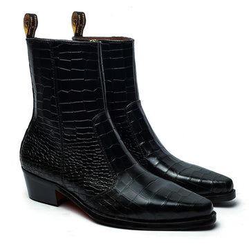 Cow Boy Cuban Heel Black Croco Textured Leather Boot