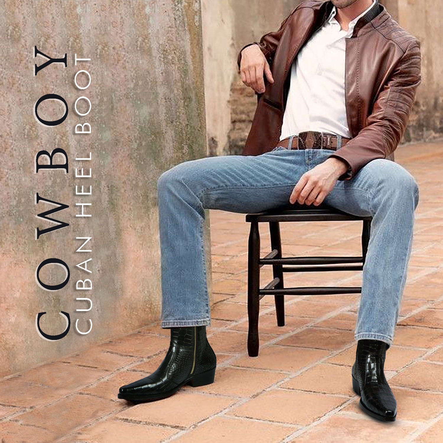 Men Leather Boots With Heels Cow Boy Cuban Heel Black Croco