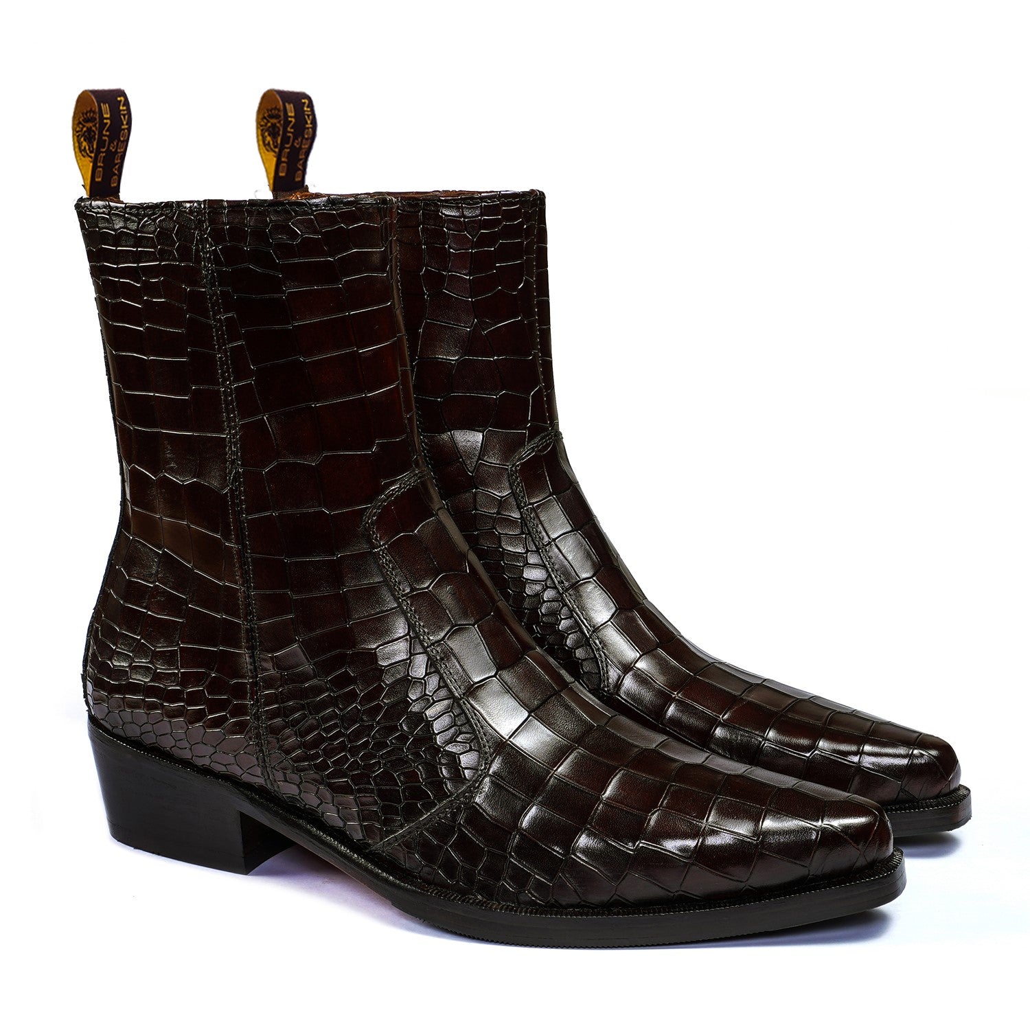 Cowboy Boots Dark Brown Deep Cut Croco Leather Cuban Heel By Brune & Bareskin