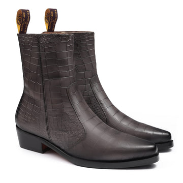 Grey Cowboy Deep Cut Croco Leather Cuban Heel Boots