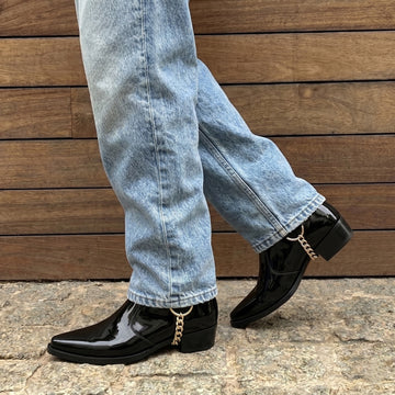Removable Strap Black Cow Boy Boot in Patent Leather
