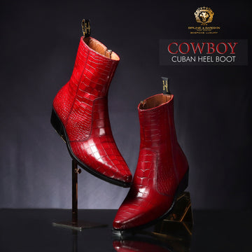 Cowboy Deep Cut Croco Wine Leather Cuban Heel Boots By Brune & Bareskin