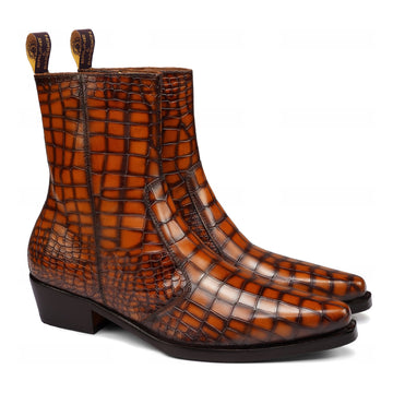 Cowboy Style Deep Cut Croco Tan Smokey Finish Cuban Heel Leather Chelsea Boots By Brune & Bareskin