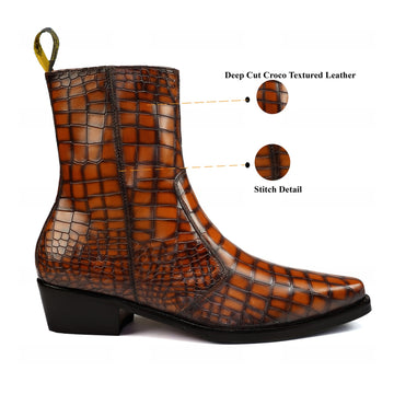 Cowboy Style Deep Cut Croco Tan Smokey Finish Cuban Heel Leather Chelsea Boots