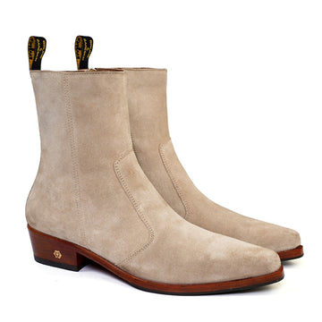 Cowboy Boots Beige Suede Leather Cuban Heel By Brune & Bareskin