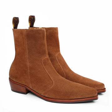 Rustic Brown Suede Leather Cowboy Boots in Cuban Heel