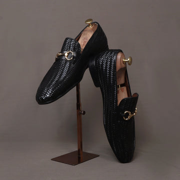 Woven Style Men's Leather Loafer With Horse-Bit Buckled Detail