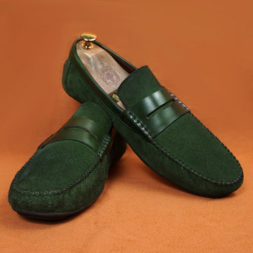 Driving Loafer with Leather Trim in Green Suede Leather