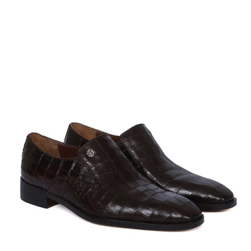 Men Italian Loafer with Dark Brown Deep Cut Croco Textured Leather