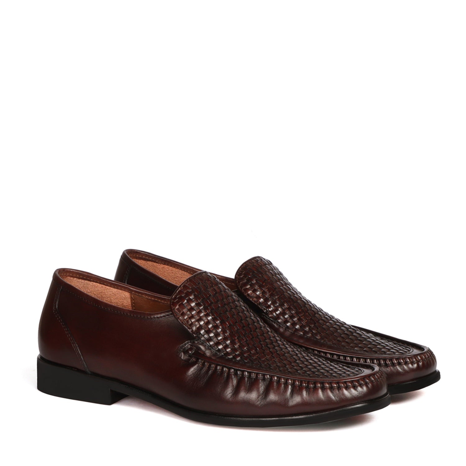 Weaved Vamp Leather Loafers in Dark Brown with Leather Sole