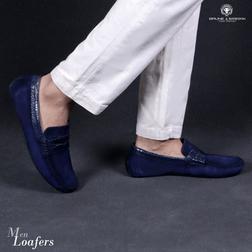 Suede Leather Loafers With Blue Croco Textured Leather Trim Topline