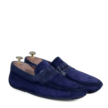 Suede Leather Loafers With Blue Croco Textured Leather Trim Topline
