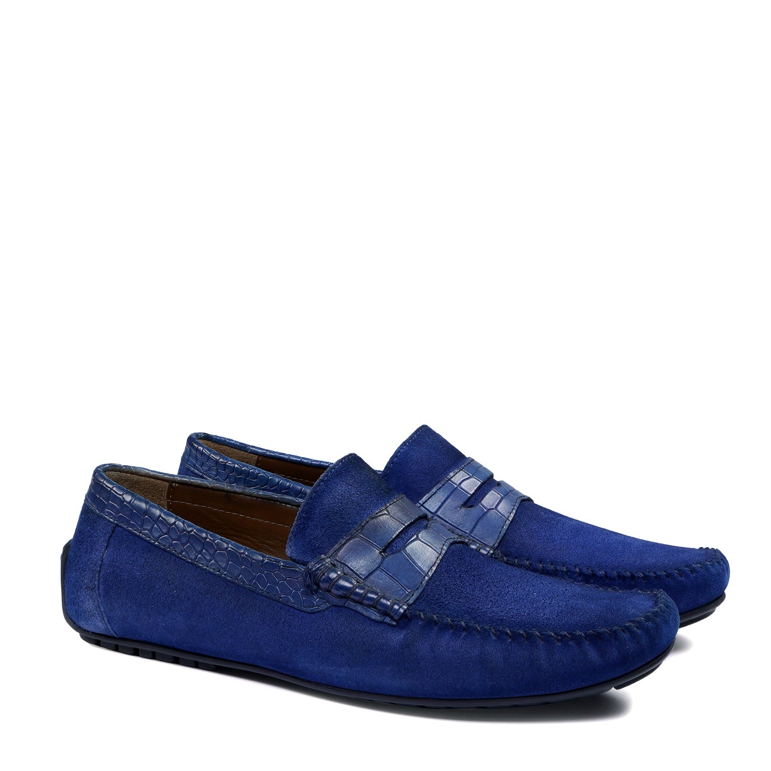 Suede Leather Loafers With Blue Croco Textured Leather Trim Topline