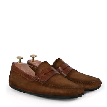 Driving Sole Tan Suede Loafers with Croco Textured Leather Trim Topline