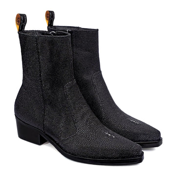 Cowboy Pointed-Toe Cuban-Heel Boot with Exotic Black Caviar Stingray Fish Leather