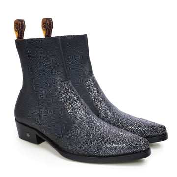 Cowboy Pointed-Toe Cuban-Heel Boot with Exotic Grey Caviar Stingray Fish Leather