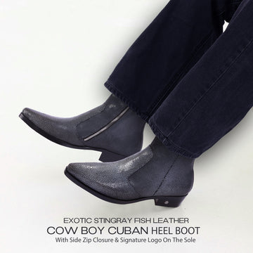 Cowboy Pointed-Toe Cuban-Heel Boot with Exotic Grey Caviar Stingray Fish Leather