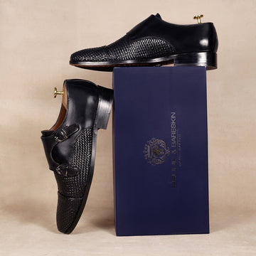 Black Double Monk Leather Shoe with Toe To Quarter Weaved Detailing