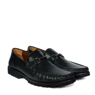 Chunky Sole Black Loafer Textured Leather With Horse-bit Buckle Detailing