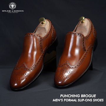 Punching Brogue Formal Slip-On Shoes in Genuine Tan Leather