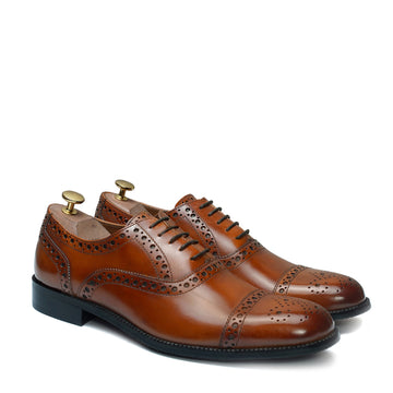 Punching Brogue Oxford Lace-Up Shoe For Men in Genuine Tan Leather