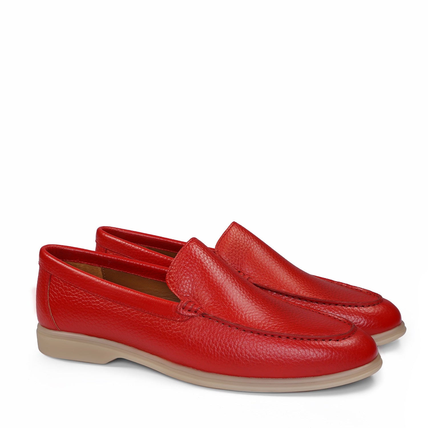 Textured Leather Yacht Slip-On Shoes in Red Color