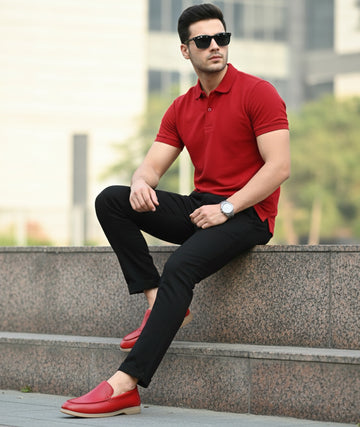 Textured Leather Yacht Slip-On Shoes in Red Color
