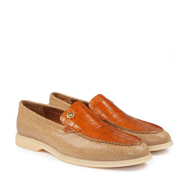Tan Croco Embossed & Exotic StingRay Leather Yacht Shoes