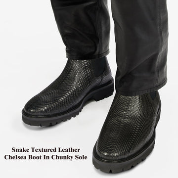 Chunky Sole Black Chelsea Boot in Light Weight with Snake Skin Textured