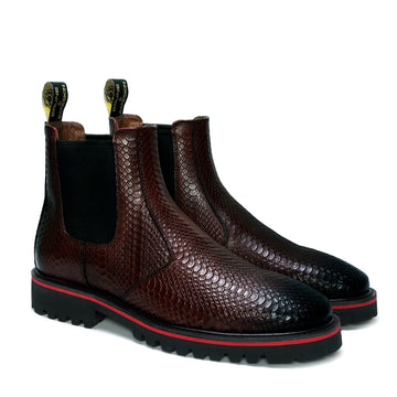 Chunky Sole Chelsea Boot in Light Weight with dark Brown Snake Skin Textured Leather