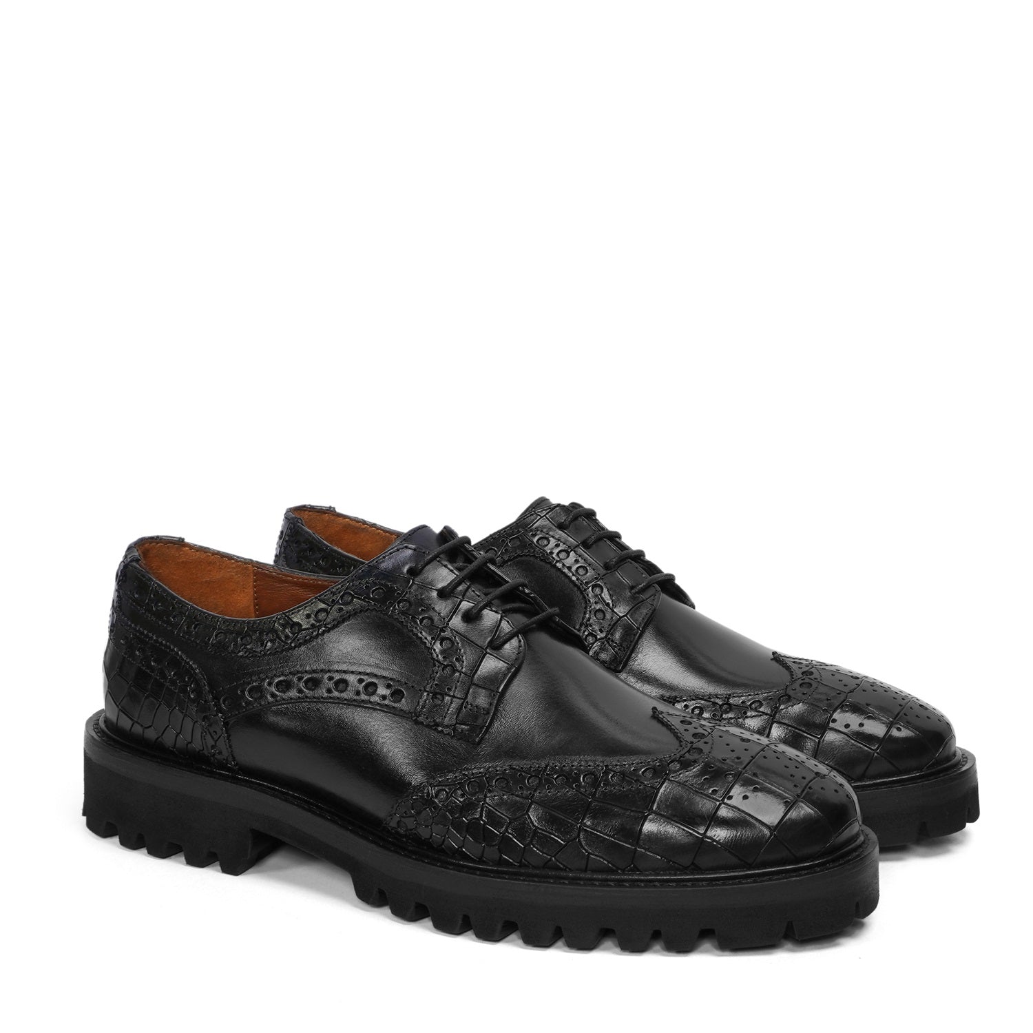 Black Deep Cut Croco Leather Laces Derby Shoes