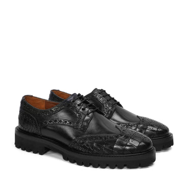 Black Deep Cut Croco Leather Laces Derby Shoes