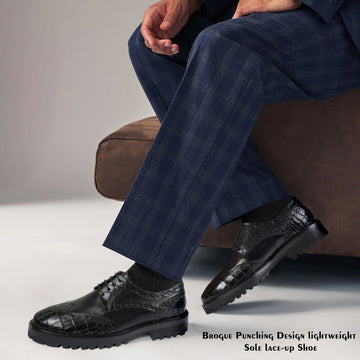 Black Deep Cut Croco Leather Laces Derby Shoes