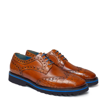 Contrasting Tan Croco Leather Toe Sky Blue Laces Derby Shoes
