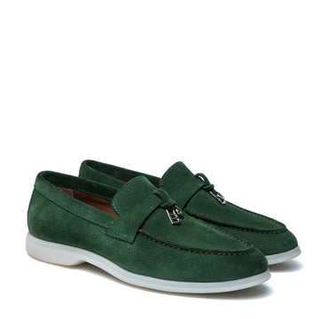 Light Weight Boat loafer in Green Suede Leather