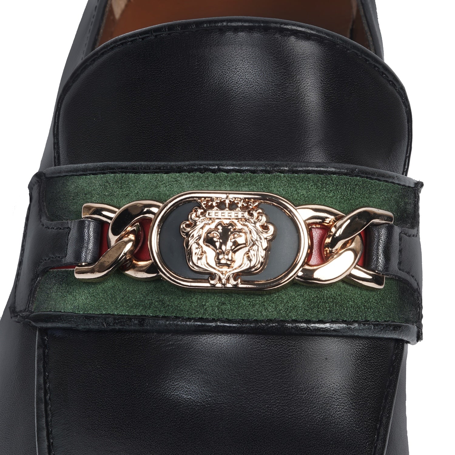Metal Chain Trademark Lion Logo Black Leather Cuban Heel Slip-On