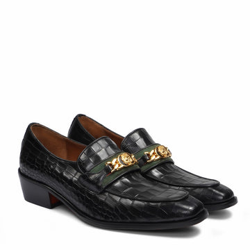 Deep Cut Croco Black Cuban Heel Leather Slip-On with Trademark Chain Logo