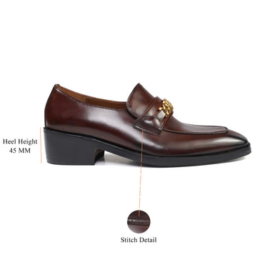 Brown Cuban Heel Leather Slip-On with Golden Trademark Chain Logo