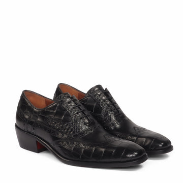 Croco Embossed Classic Black Formal Brogues with Cuban Heel