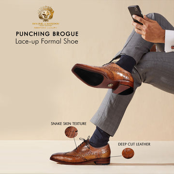Tan Leather Formal Shoes with Wingtip Punching Brogue Oxford Lace-Up Closure