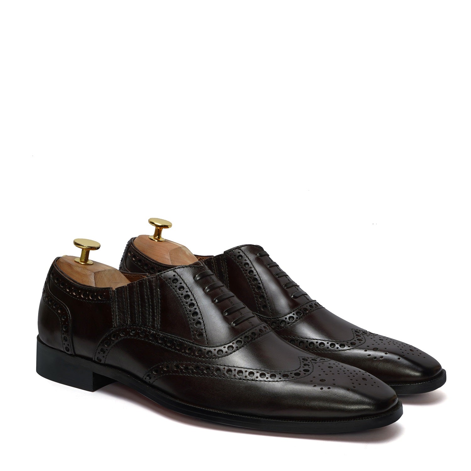 Fixed Lace-Up Lazy Man Formal Shoes in Dark Brown Leather with Stylish Wingtip Punching Brogue Design