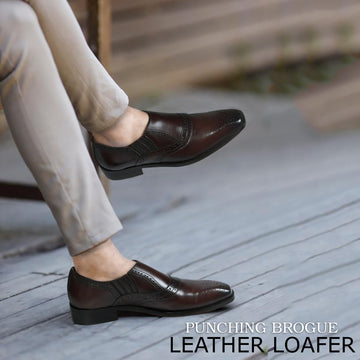 Sleek Italian Toe Slip-On Shoe in Dark Brown Punching Brogue Leather