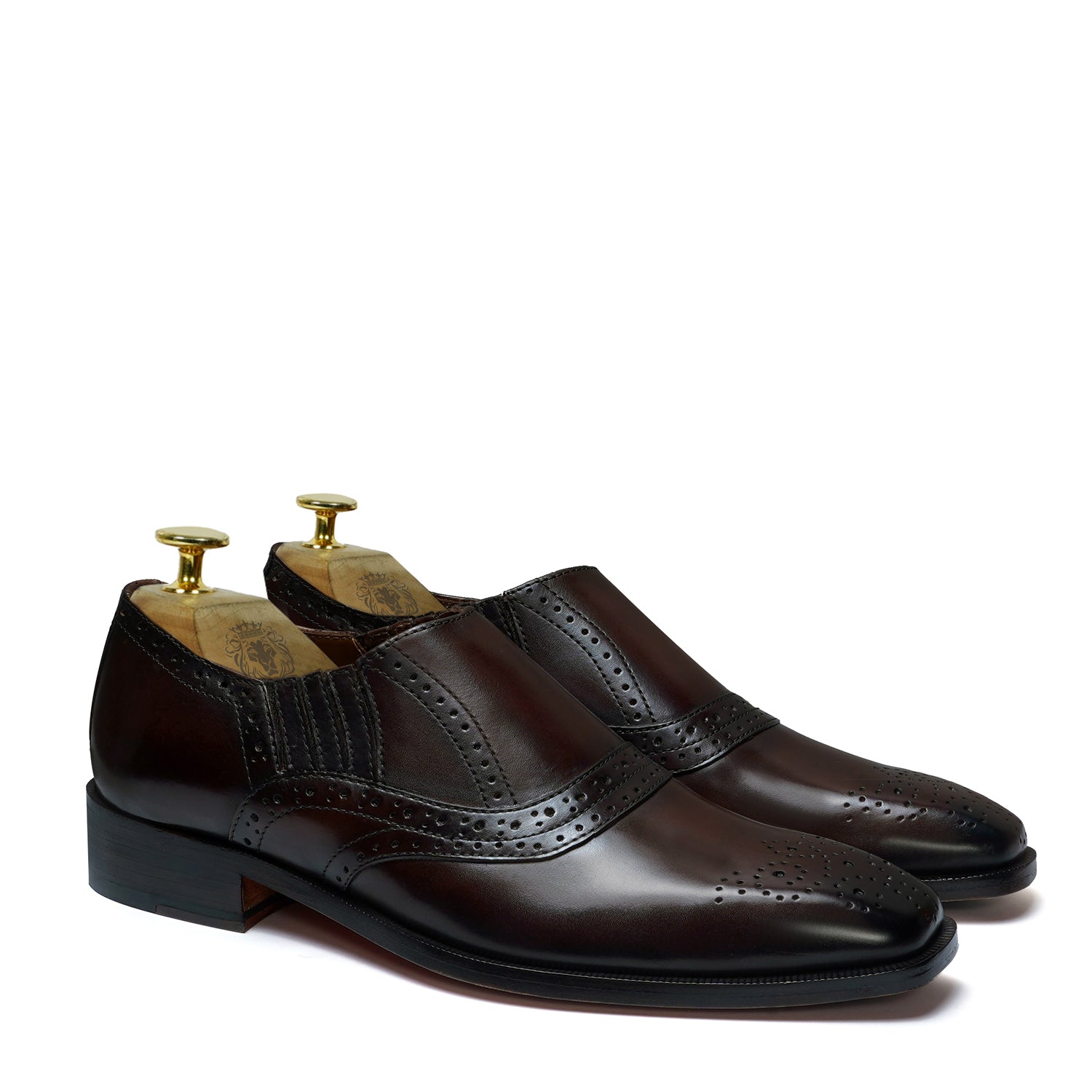 Sleek Italian Toe Slip-On Shoe in Dark Brown Punching Brogue Leather